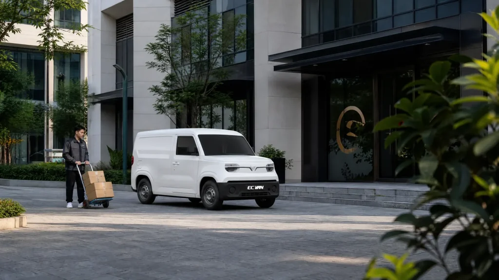 VinFast EC Van màu trắng giao hàng trước tòa nhà văn phòng