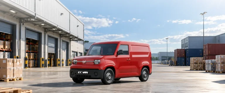 VinFast EC Van màu đỏ đỗ trước dãy kho hàng