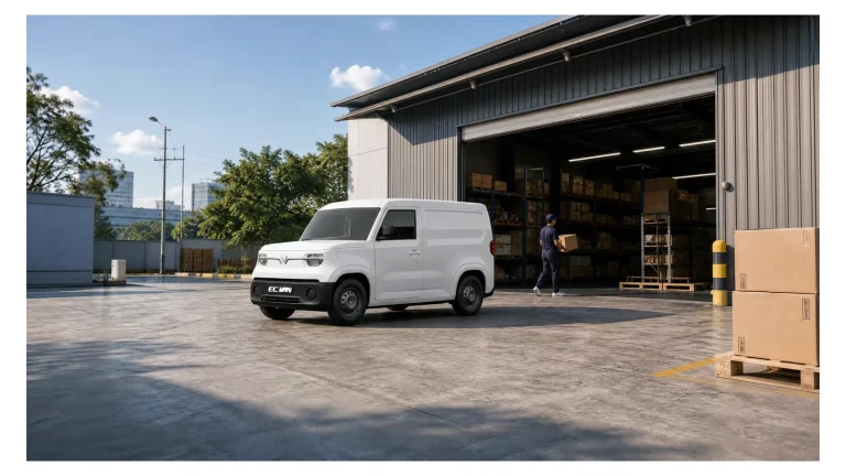 VinFast EC Van màu trắng trong sân kho, nhân viên chuyển thùng hàng