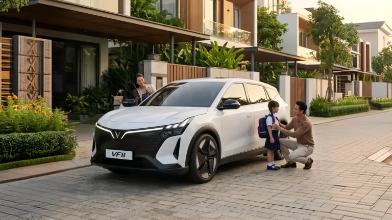 VF 8 thế hệ mới màu trắng Infinity Blanc đỗ trước nhà, gia đình đưa con đi học
